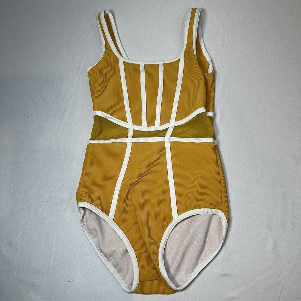 CY Dancewear Yellow Mesh‎ Inserts Piping Ballet Dance Leotard IC Gymnastics